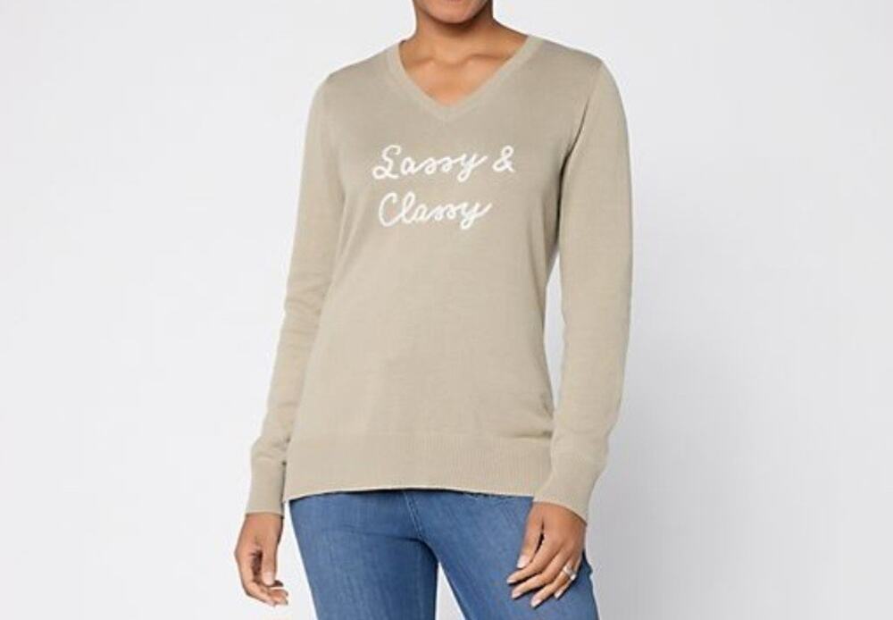 Belle Kim Gravel " Sassy & Classy" Sweater Size Large Vintage Khaki A714887